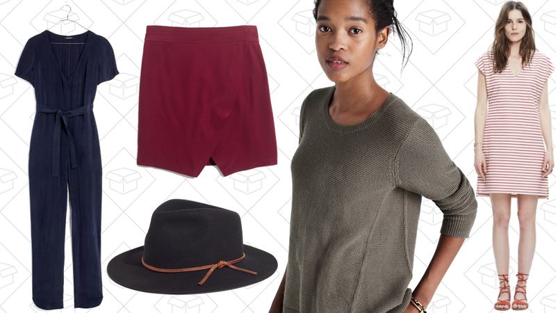 Matinee Tie Jumpsuit, $98 | Silk Parkway Skirt, $49 | Madewell x Biltmore Leather-Band Felt Fedora, $45 | Riverside Texture Sweater, $52 | Striped Vances Dress, $38